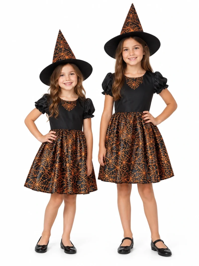 Due bambine con abito nero da strega, ragnatele arancioni e cappello