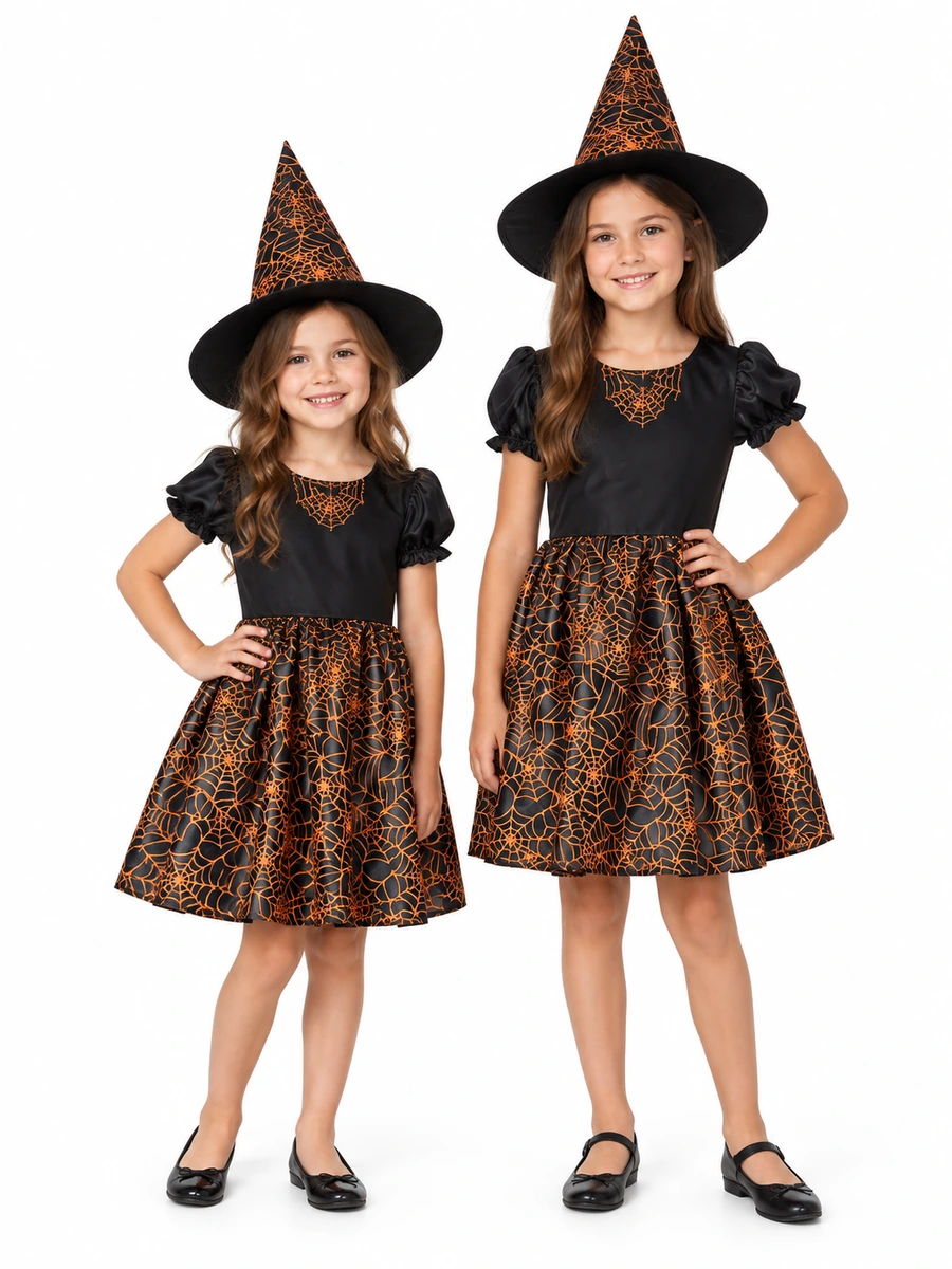 Due bambine con abito nero da strega, ragnatele arancioni e cappello