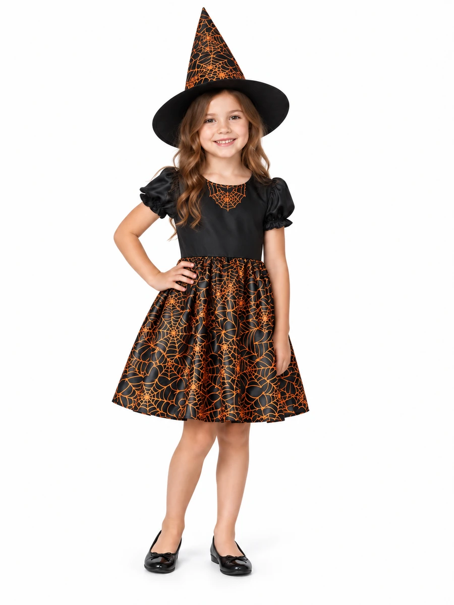 Bambina più piccola con costume Spiderweb Neon e cappello a ragnatele