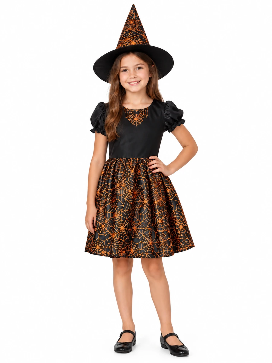 Bambina più grande con abito nero e arancione Spiderweb Neon