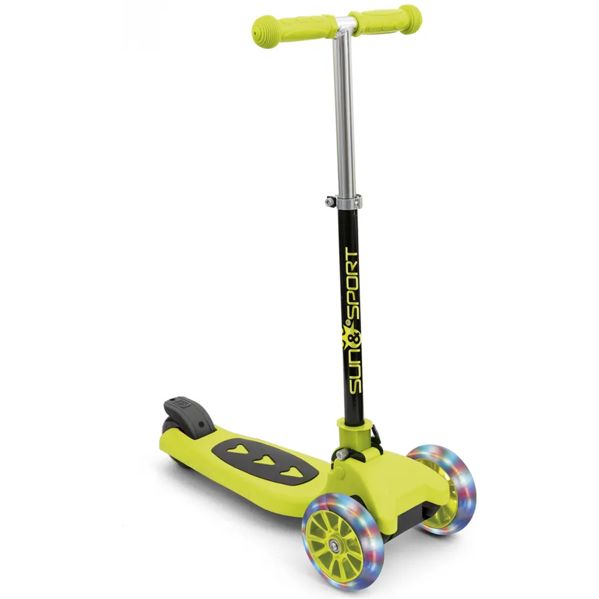 Monopattino Sun&Sport verde a 3 ruote: ruote anteriori con luci LED