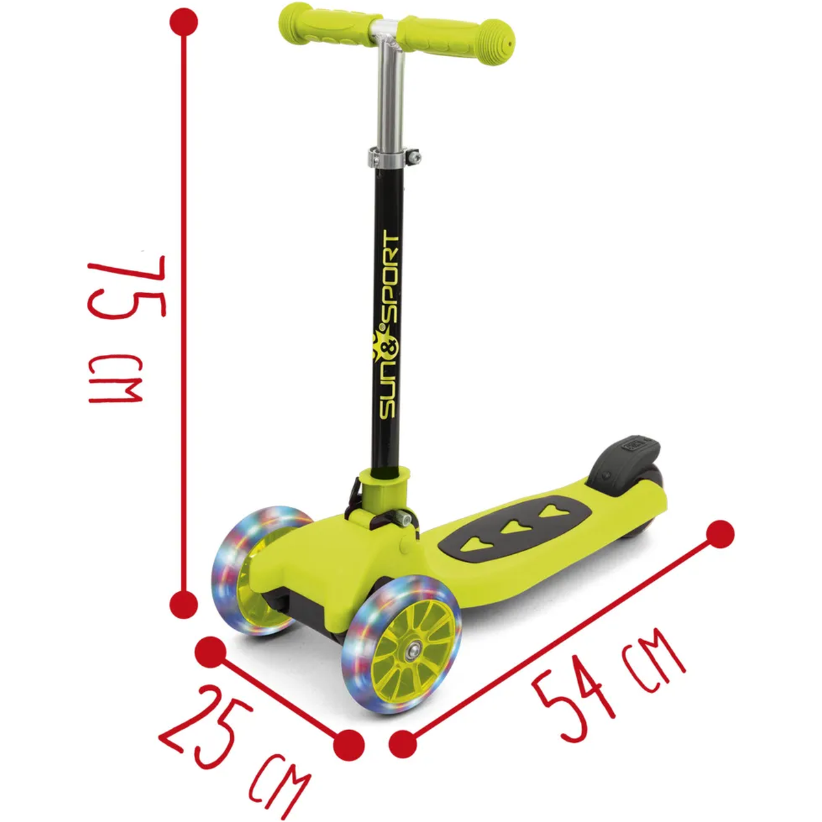 Monopattino Sun&Sport verde a 3 ruote: schema delle dimensioni