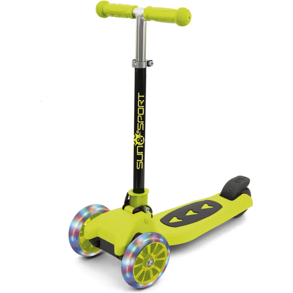 Monopattino Sun&Sport verde a 3 ruote: vista laterale con ruote LED