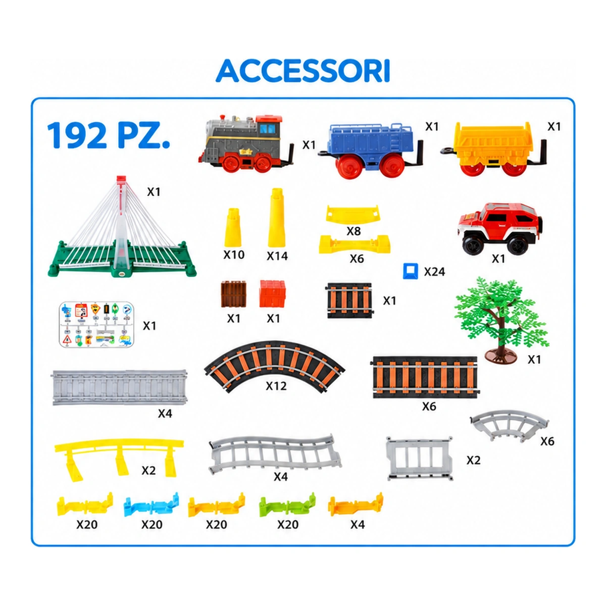 Infografica degli accessori e dei 192 pezzi della pista Woopie 30425