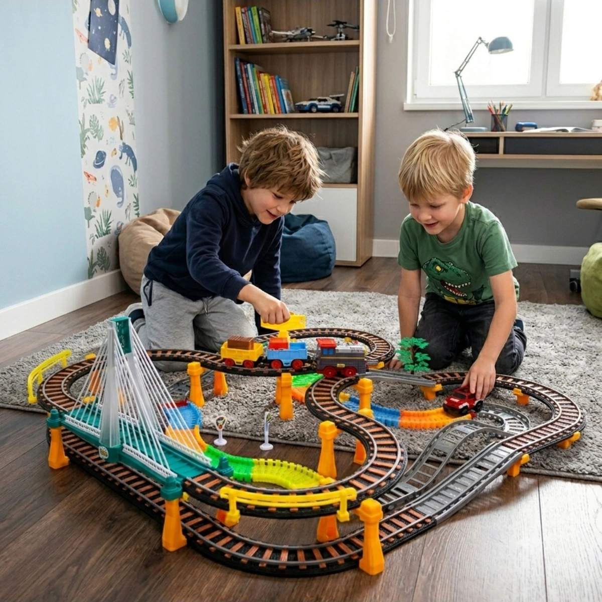Due bambini giocano con la pista Woopie con treno e auto