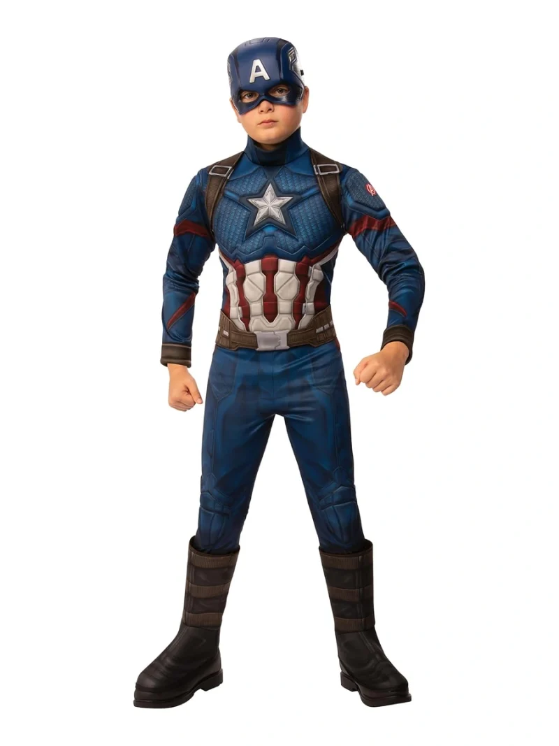 Costume Capitan America Deluxe 700668 visto davanti con muscoli, cintura, maschera e copristivali