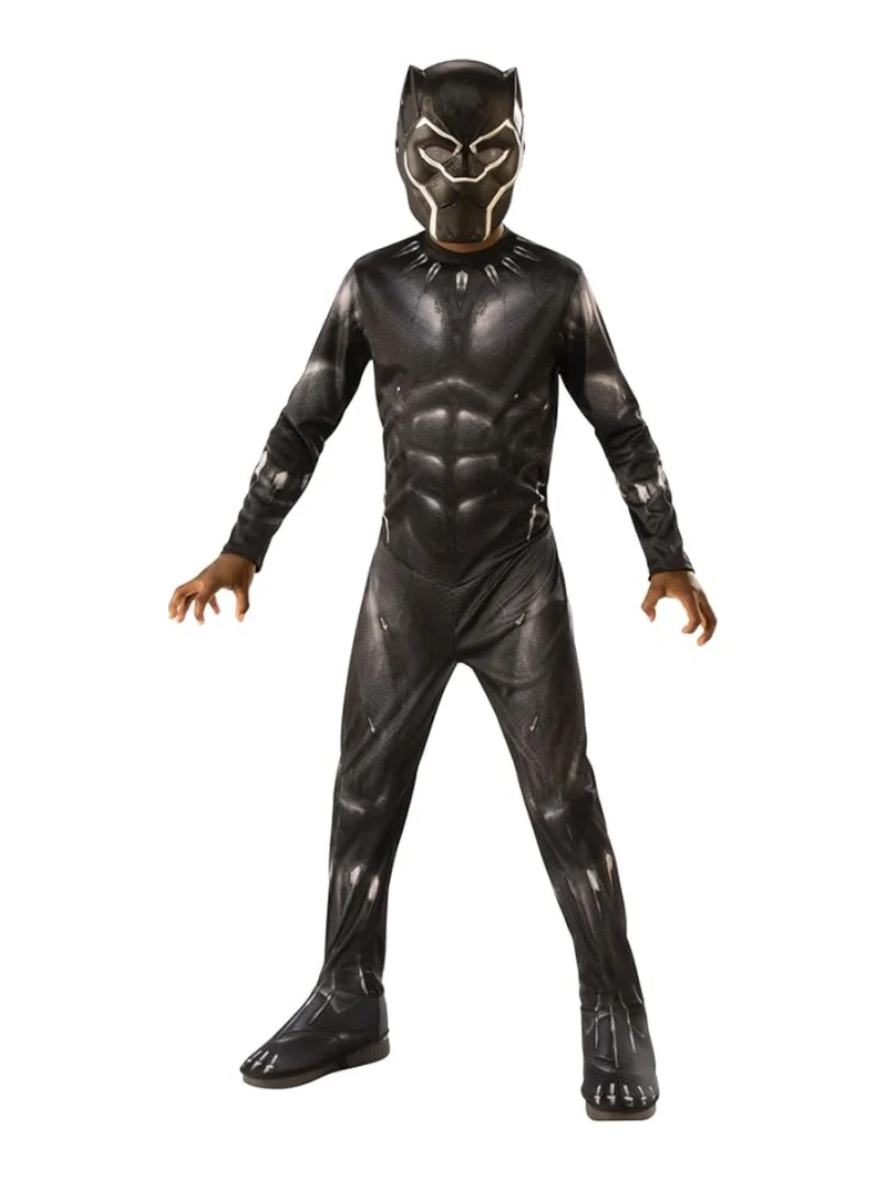 Costume Black Panther Classic 700657 visto davanti con tuta nera stampata, copriscarpe e maschera