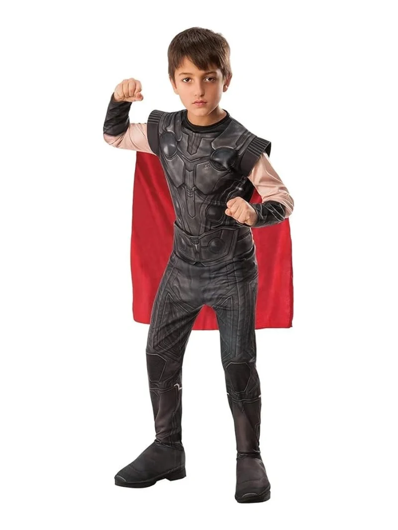 Costume Thor bambino con tuta nera e grigia effetto armatura, copriscarpe e mantello rosso