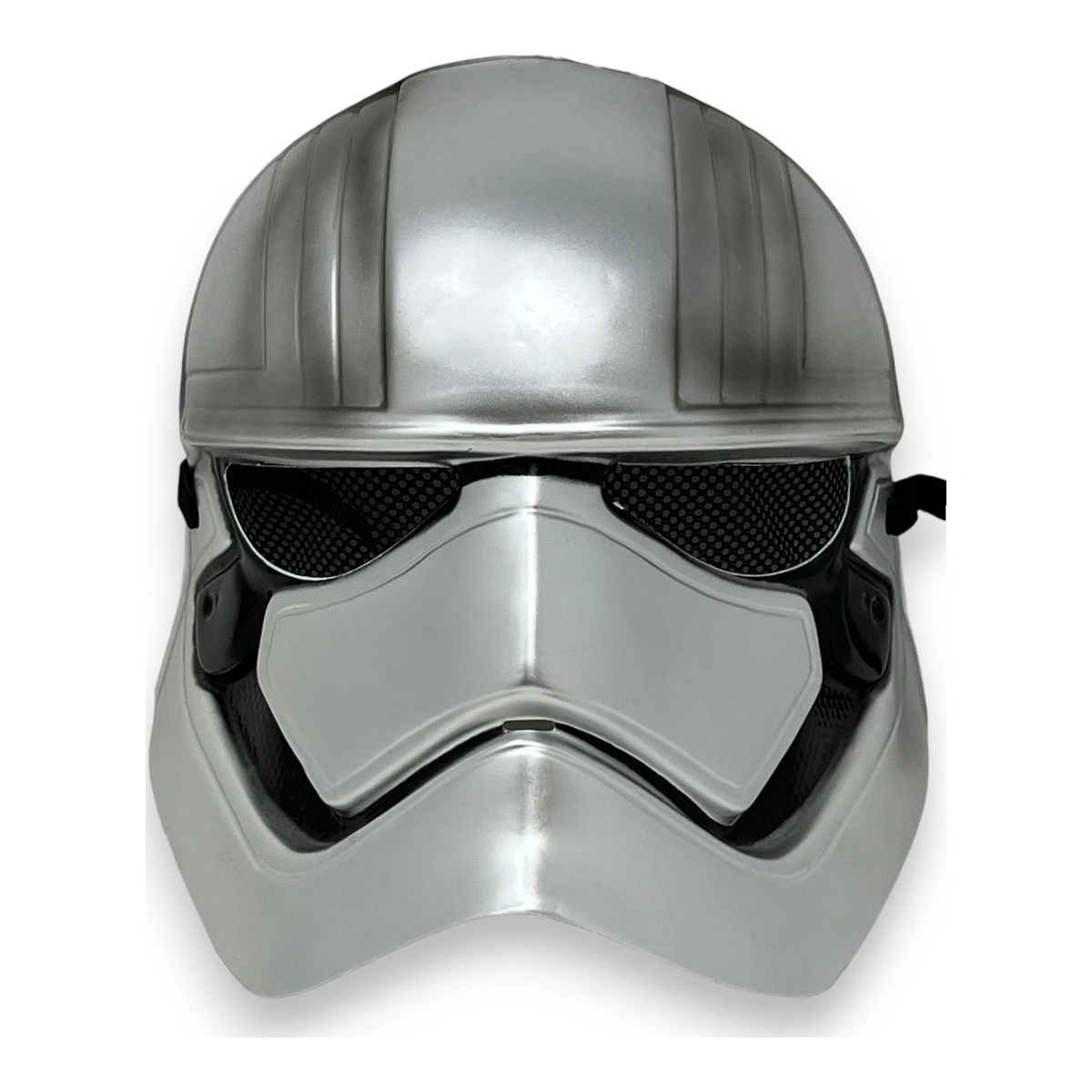 Mezza maschera Captain Phasma Star Wars argento e nero con rete nella zona degli occhi ed elastico laterale