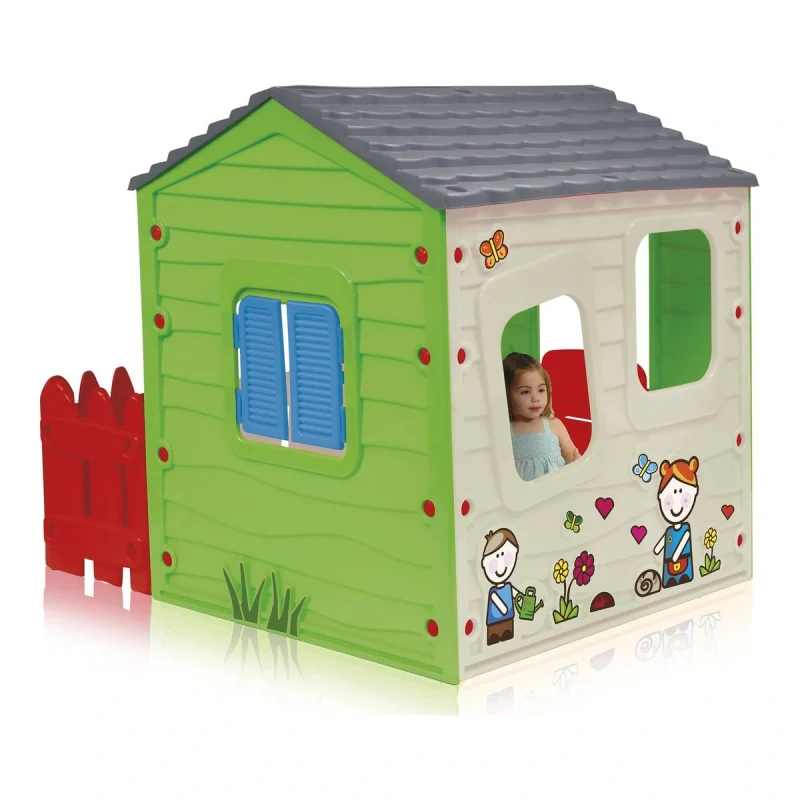 Casetta Sun&Sport Maison Country vista laterale con pareti decorate e persiane blu
