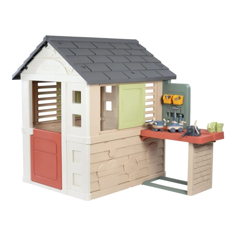 Casetta Smoby Life Natura con mezza porta, finestre e banco da lavoro esterno