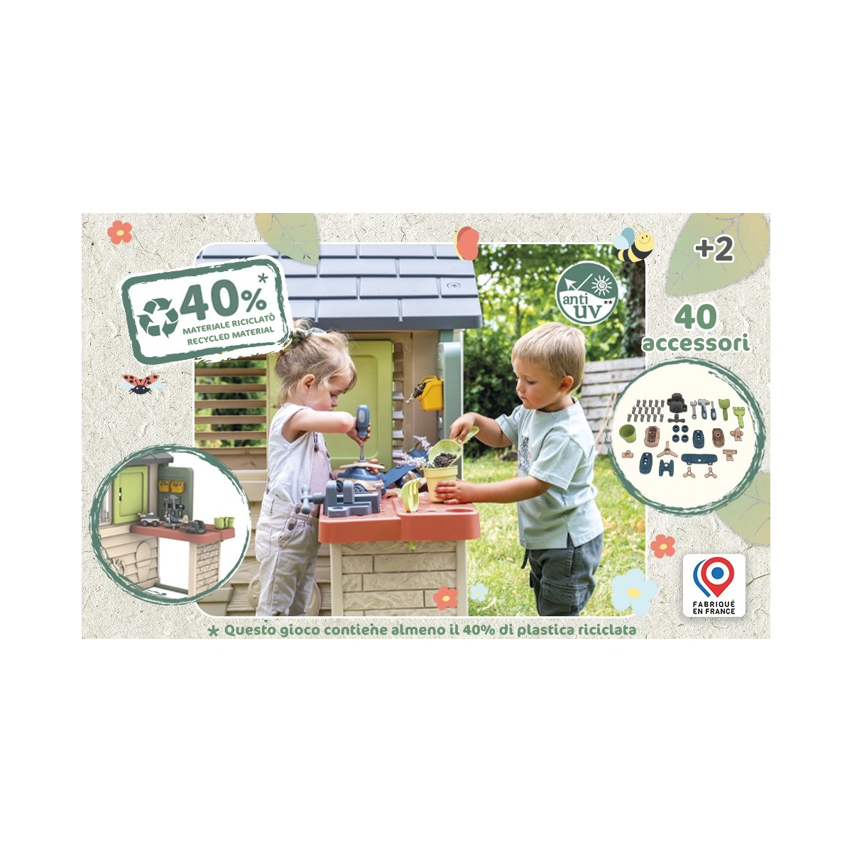 Infografica Smoby Life Natura con bambini al banco,40accessori e indicazionealmeno40%materialericiclato