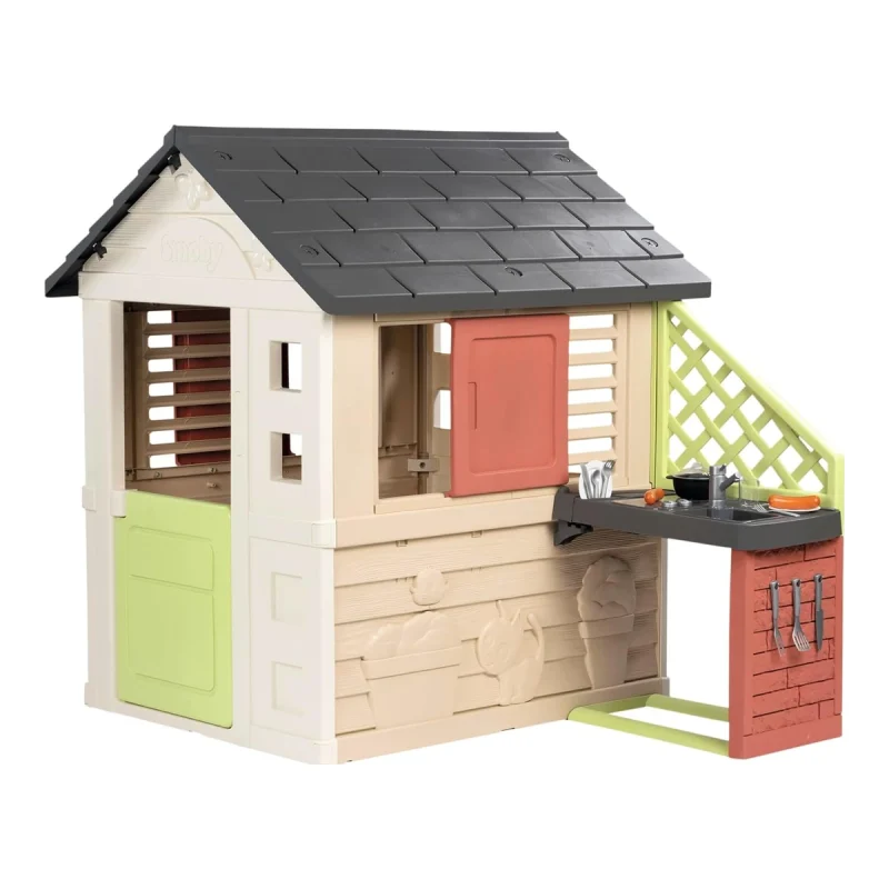 Casetta Smoby Life Natura con cucina esterna,porta verde e persiane rosse