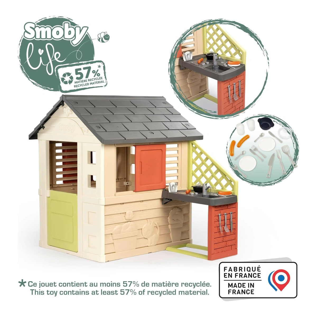 Presentazione Smoby Life Natura con cucina,accessori e indicazione57%materialericiclato