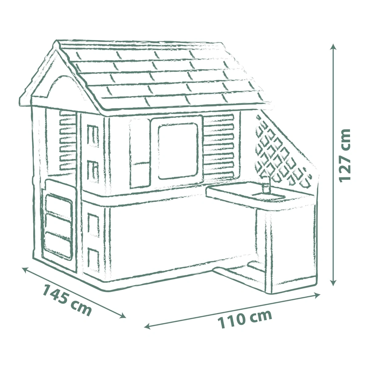 Schema dimensioni della casetta Smoby Life Natura con cucina:145×110×127cm
