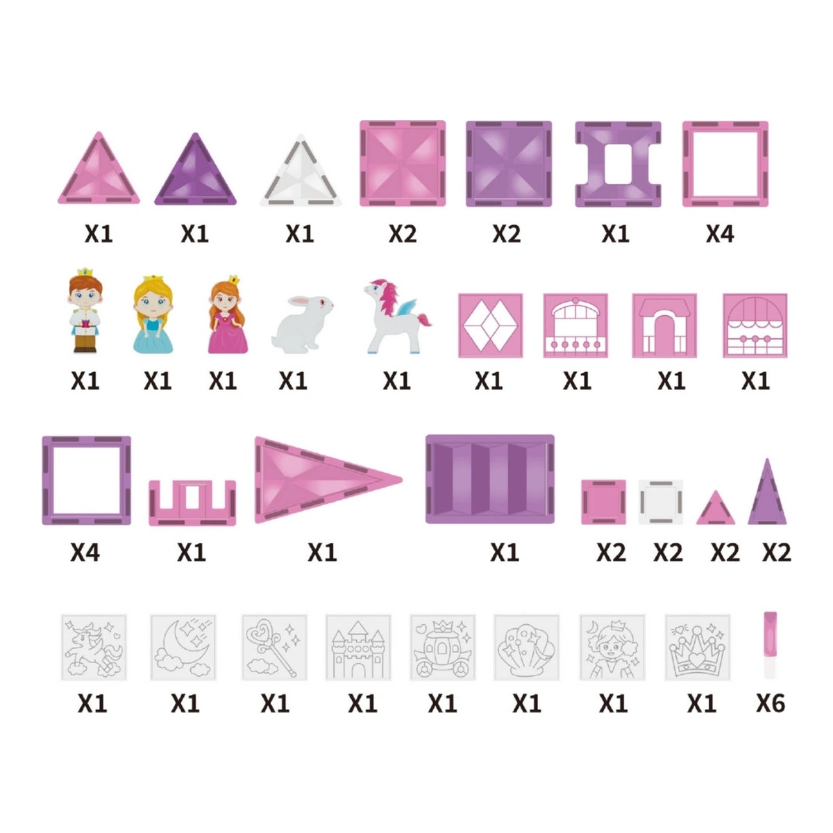 Schema dei componenti del set castello Woopie da 50 elementi
