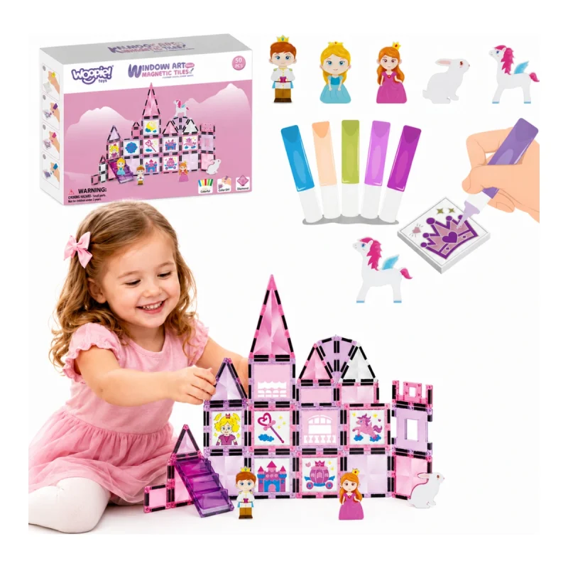 Presentazione Woopie Window Art con castello, accessori, confezione e bambina
