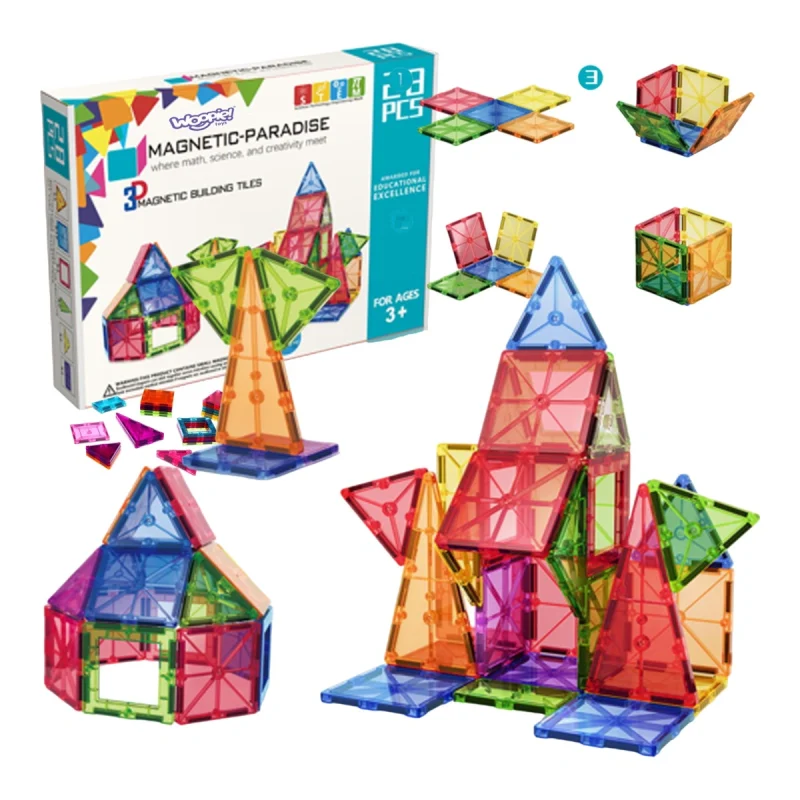 Confezione Woopie Magnetic Paradise con esempi di costruzioni magnetiche colorate