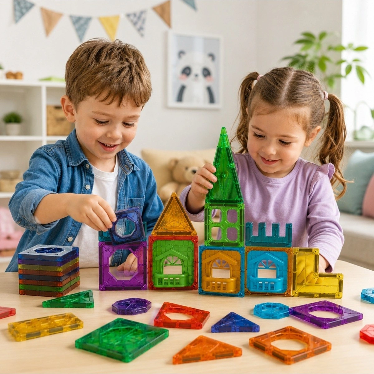 Due bambini costruiscono un castello con tessere magnetiche colorate
