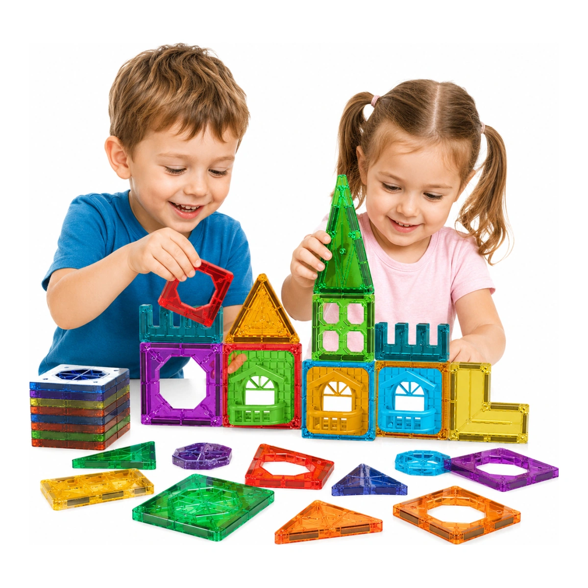 Presentazione di due bambini con castello e tessere magnetiche Woopie