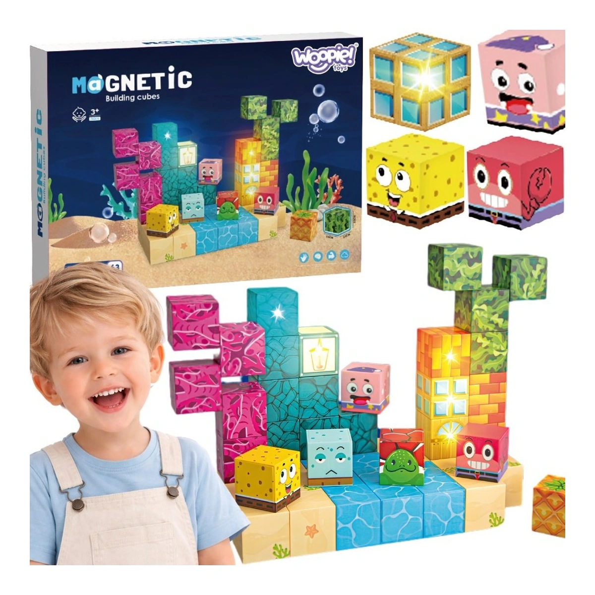 Presentazione Woopie Oceano con confezione, bambino e cubi magnetici