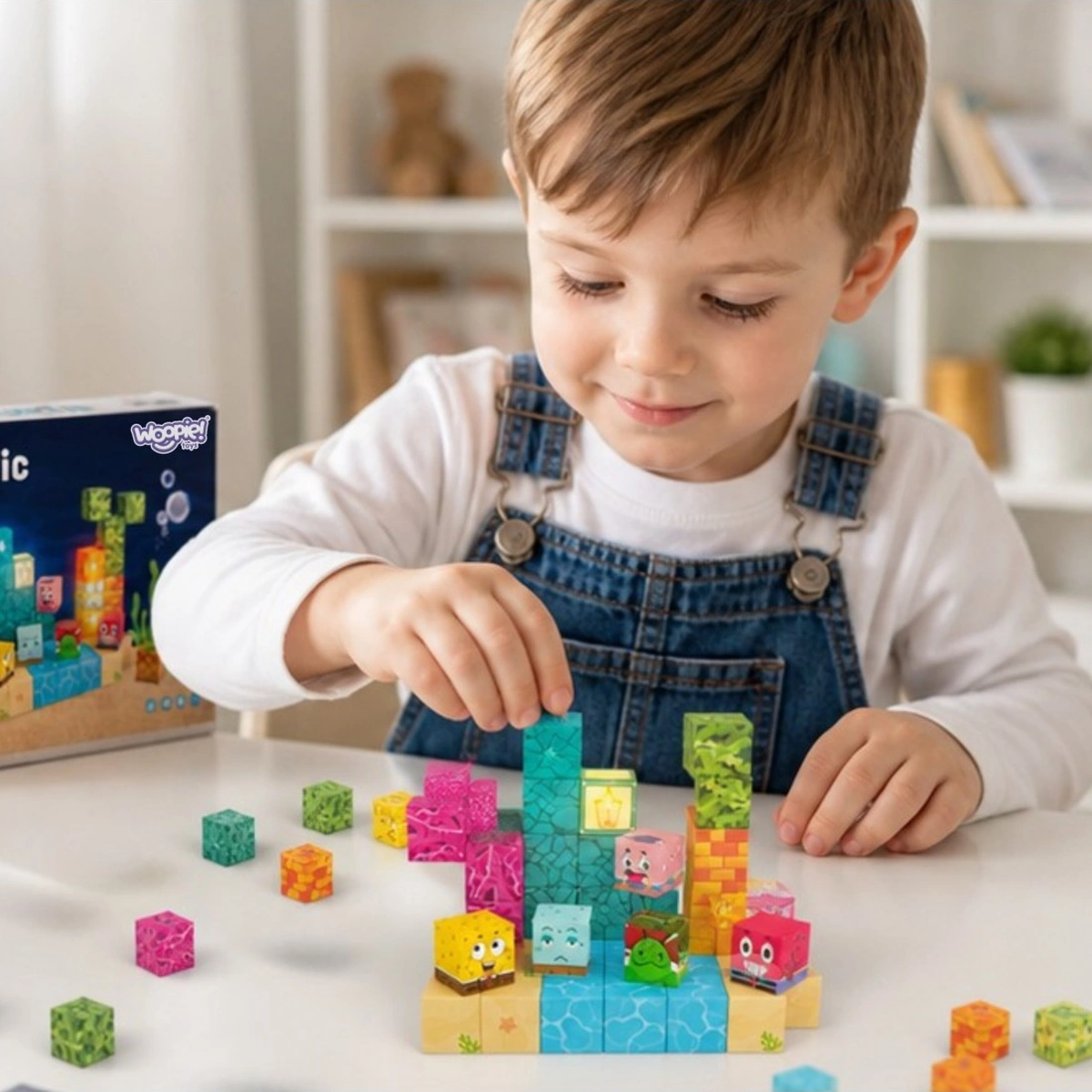 Bambino costruisce uno scenario con cubi magnetici a tema marino