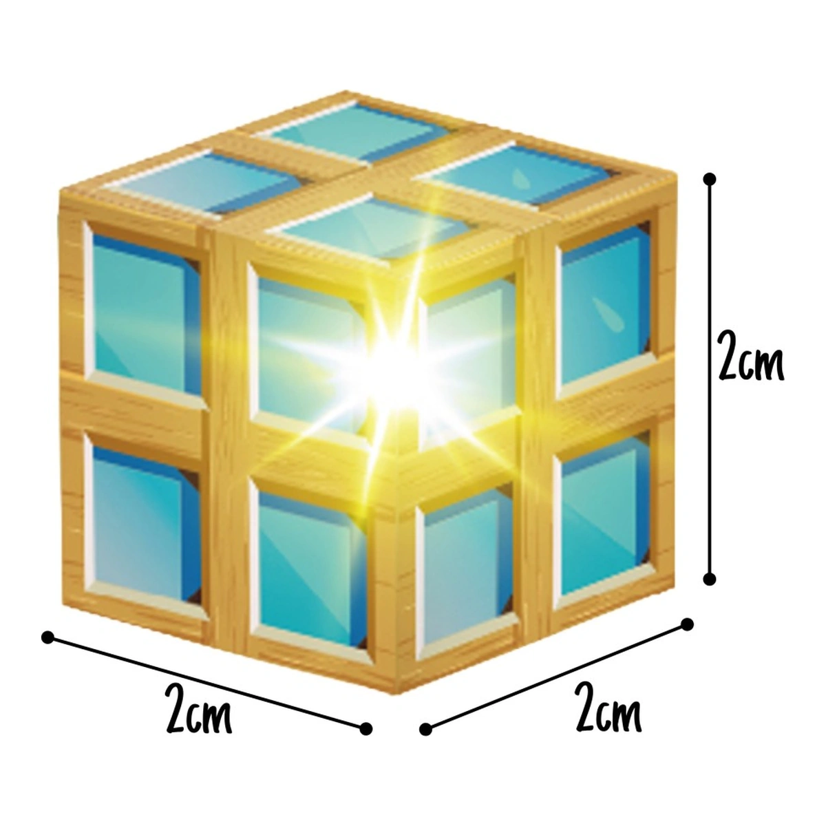 Cubo luminoso illustrato con misure 2 × 2 × 2 cm