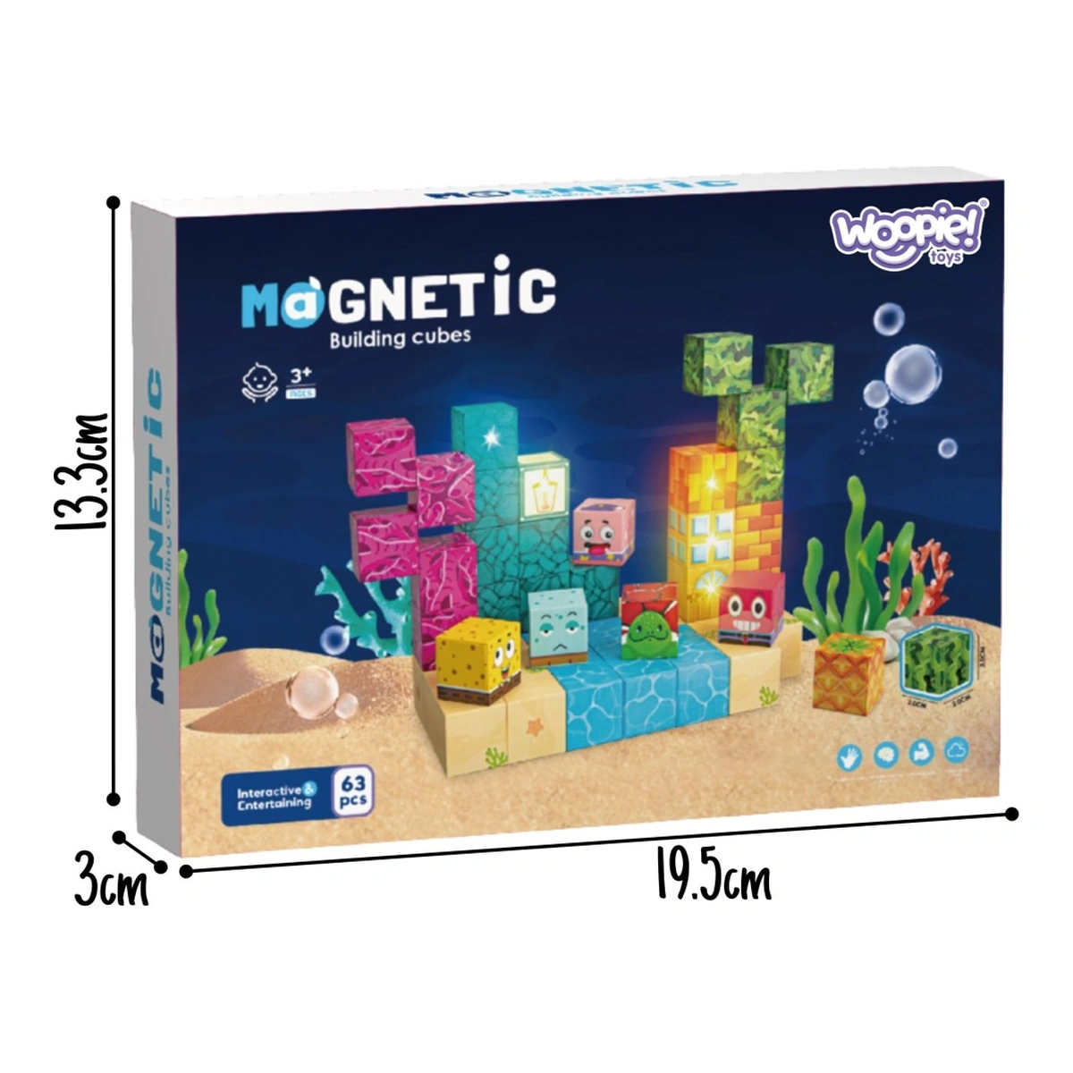 Confezione con misure illustrate 19,5 × 13,3 × 3 cm e scritta 63 pezzi