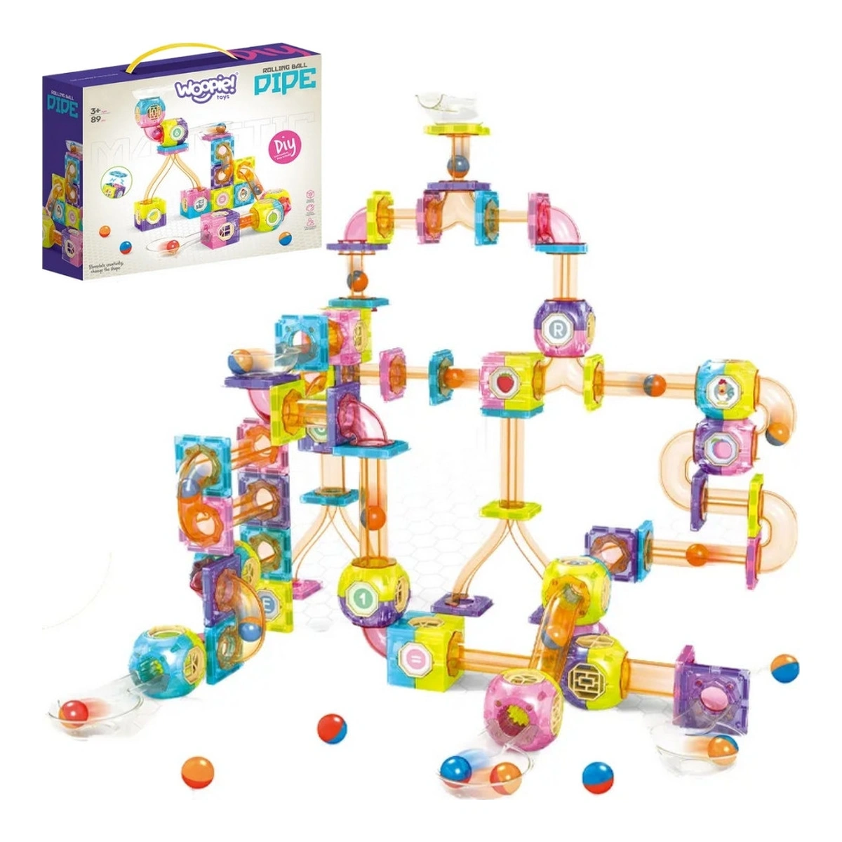 Pista magnetica Woopie montata con biglie e confezione da 89 pezzi