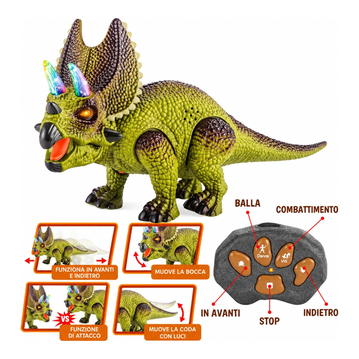 Infografica italiana dei comandi e delle funzioni del dinosauro