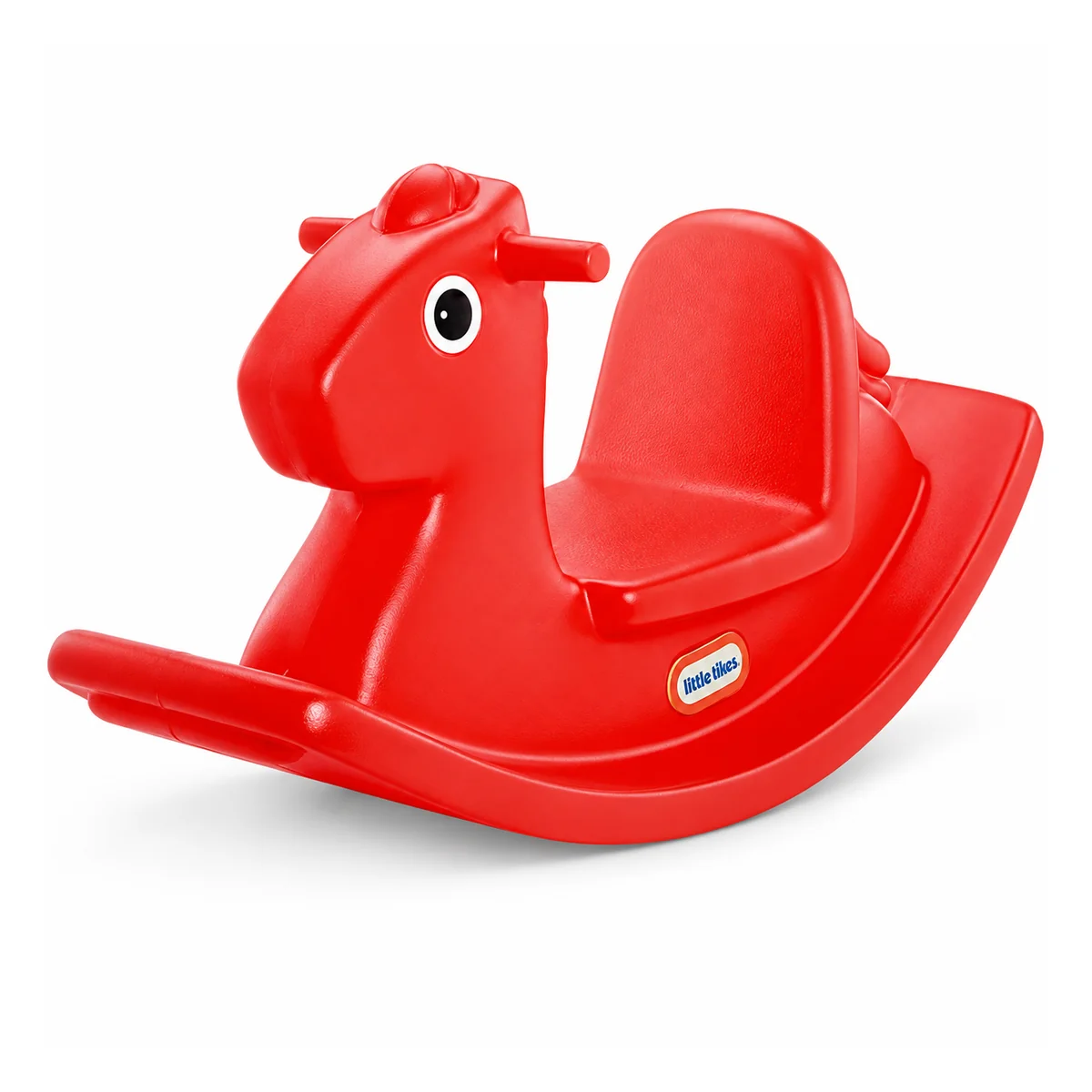 Cavallo a dondolo Little Tikes rosso di tre quarti, con maniglie ai lati della testa e schienale alto