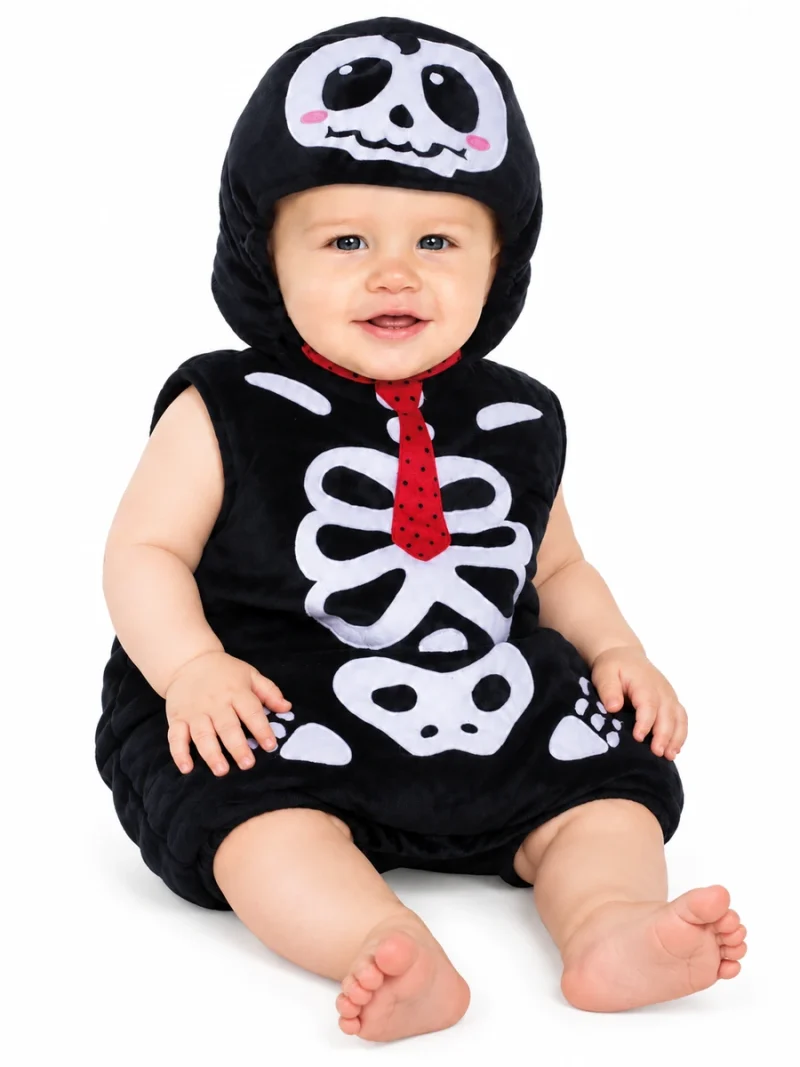 Bimbo seduto con costume baby scheletrino nero e bianco e cuffia con teschio, vista di tre quarti.