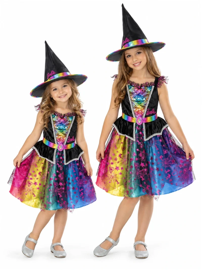Due bambine di età diverse indossano il costume Barbie da strega con cappello nero e gonna arcobaleno.