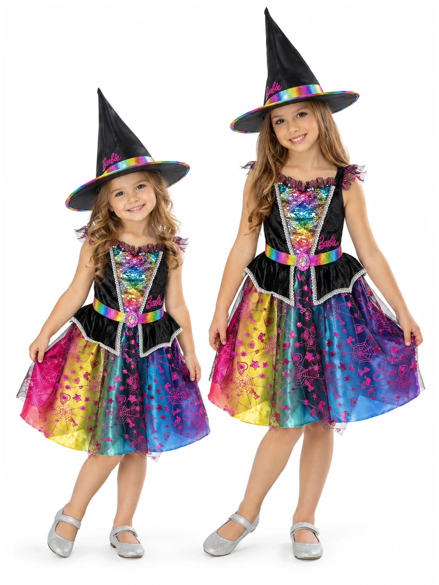 Due bambine di età diverse indossano il costume Barbie da strega con cappello nero e gonna arcobaleno.