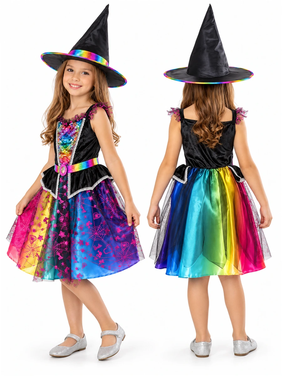 Vista laterale e posteriore del costume Barbie da strega, con corpetto nero e gonna arcobaleno sul retro.