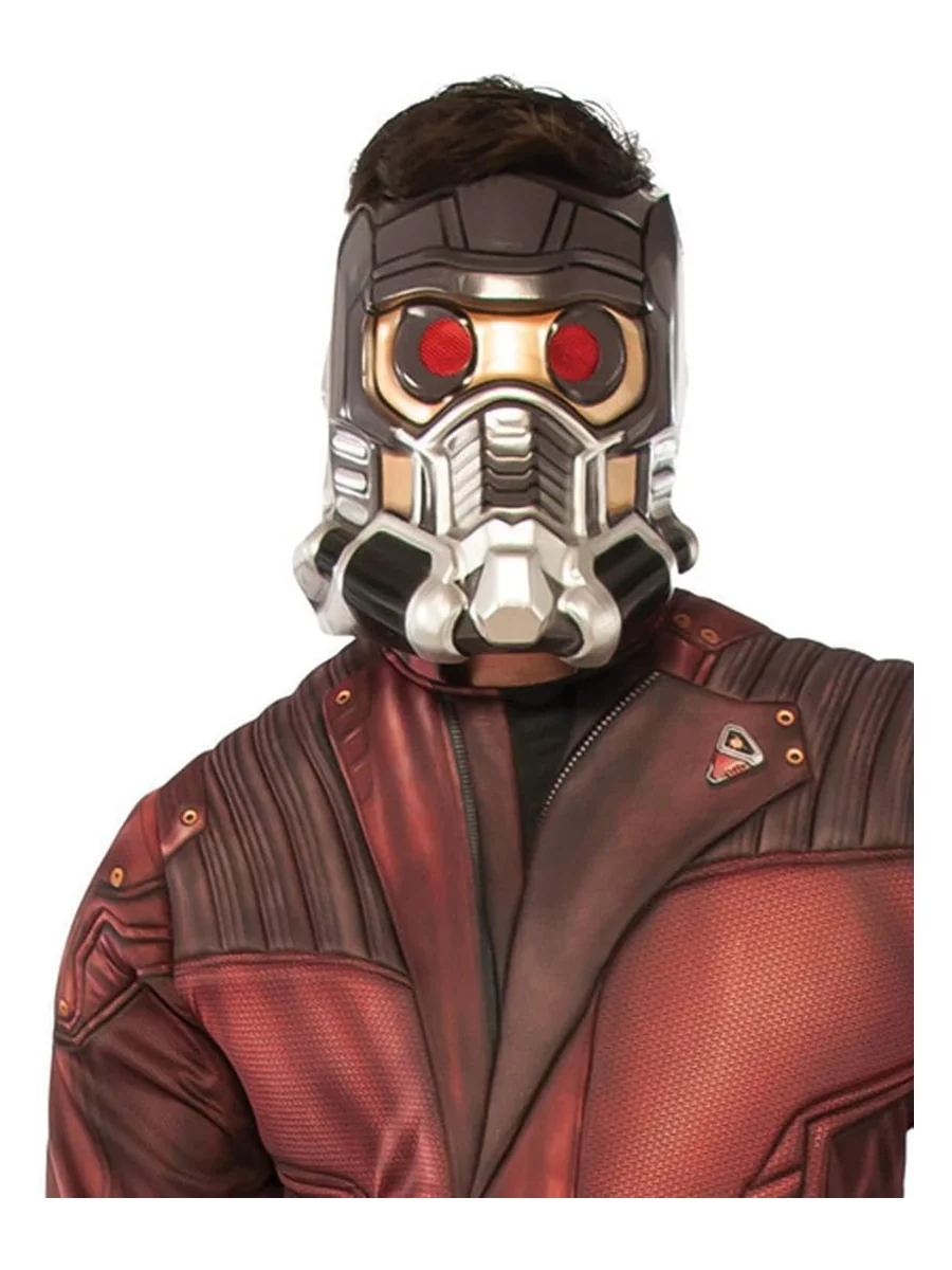 Maschera rigida di Star Lord con occhi rossi e giacca bordeaux, ritratto su fondo bianco