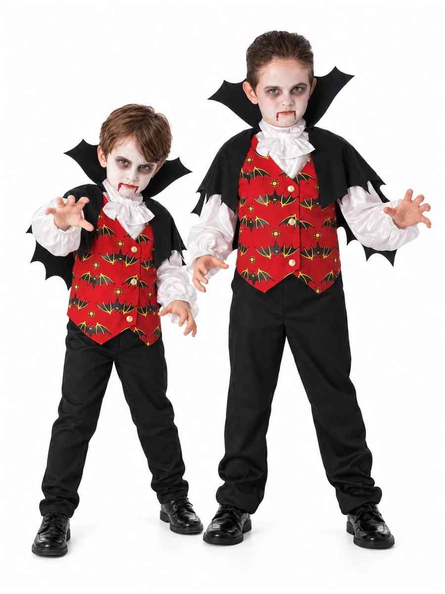 Due bambini indossano il costume Dracula Rubies 883796, con gilet rosso a pipistrelli, camicia bianca e mantello nero, vista frontale.
