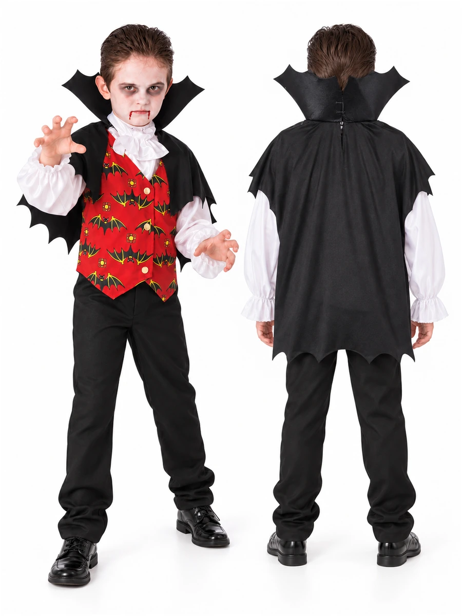 Costume Dracula Rubies 883796 indossato da un bambino: vista frontale e retro del mantello nero con orlo a punte.