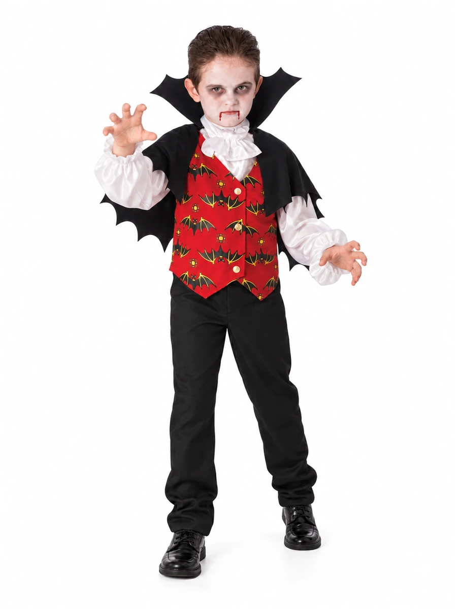 Bambino con costume Dracula Rubies 883796 in taglia Large 8-10 anni, camicia bianca e gilet rosso, vista frontale.