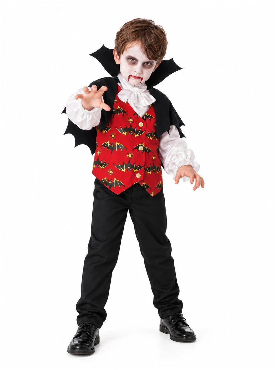 Bambino con costume Dracula Rubies 883796 in taglia Medium 5-7 anni, gilet rosso a pipistrelli e mantello nero, vista frontale.