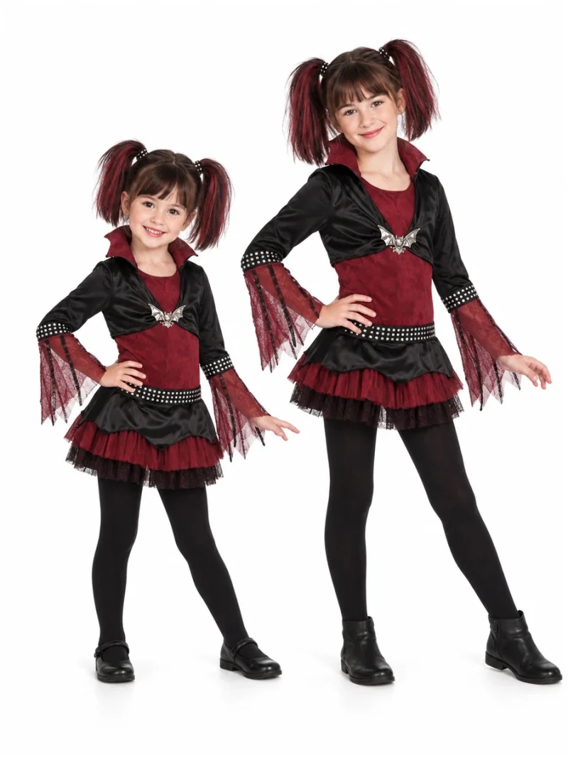 Due bambine con il costume Gothie Girl Rubies 884692: corpetto bordeaux, giacchino nero, maniche a punte e gonna a balze, vista frontale.