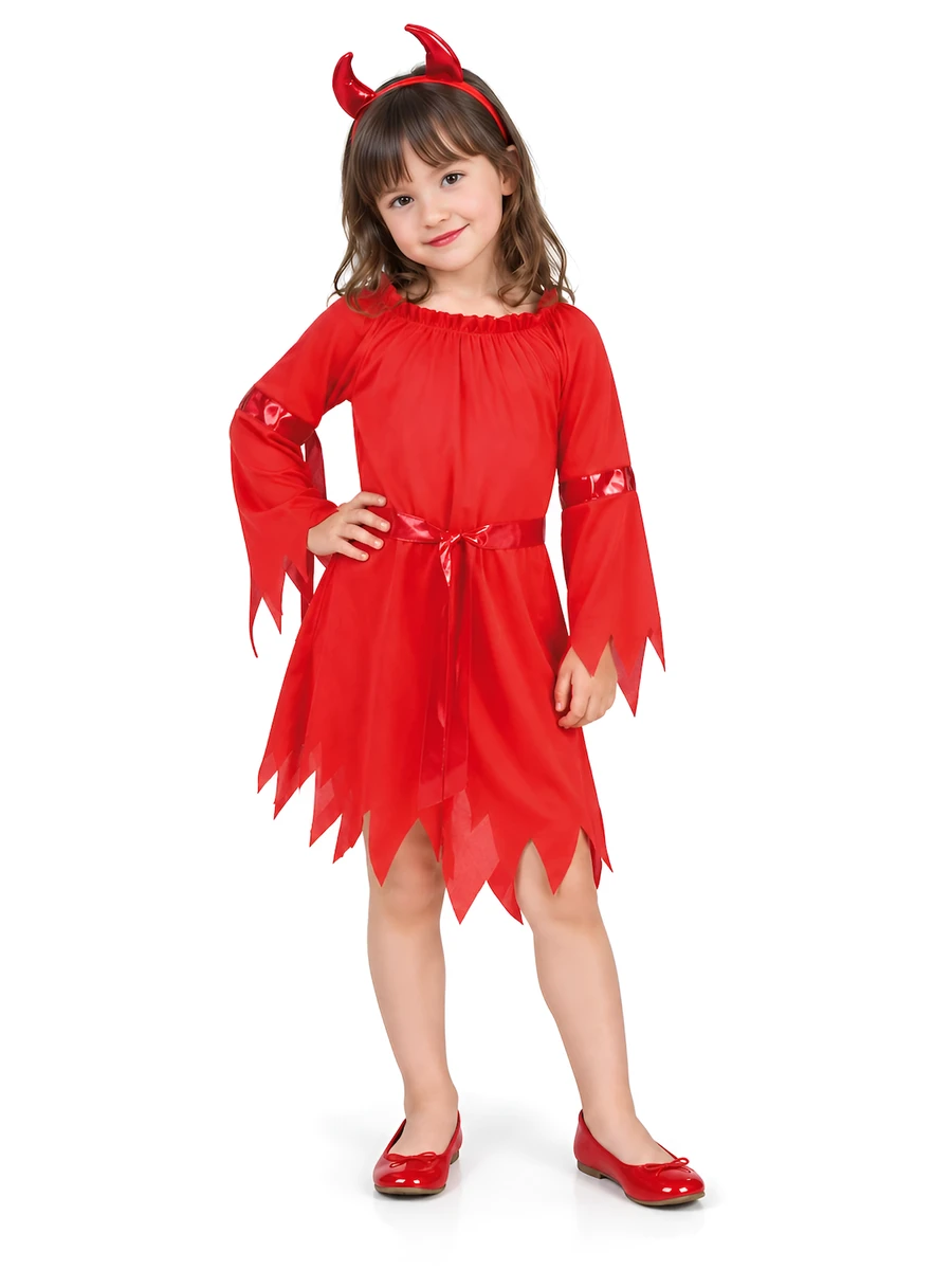 Bambina con costume da diavoletta Rubie's s8294: abito rosso con cintura lucida, orlo a punte e cerchietto con corna, vista frontale.