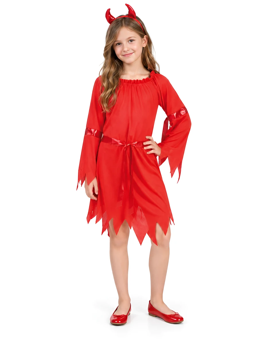 Modella più grande con costume da diavoletta Rubie's s8294, abito rosso con maniche e orlo a punte, vista frontale.