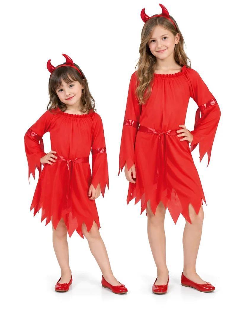Due bambine indossano il costume da diavoletta Rubie's s8294, con abito rosso, maniche a punte e cerchietto con corna, vista frontale.