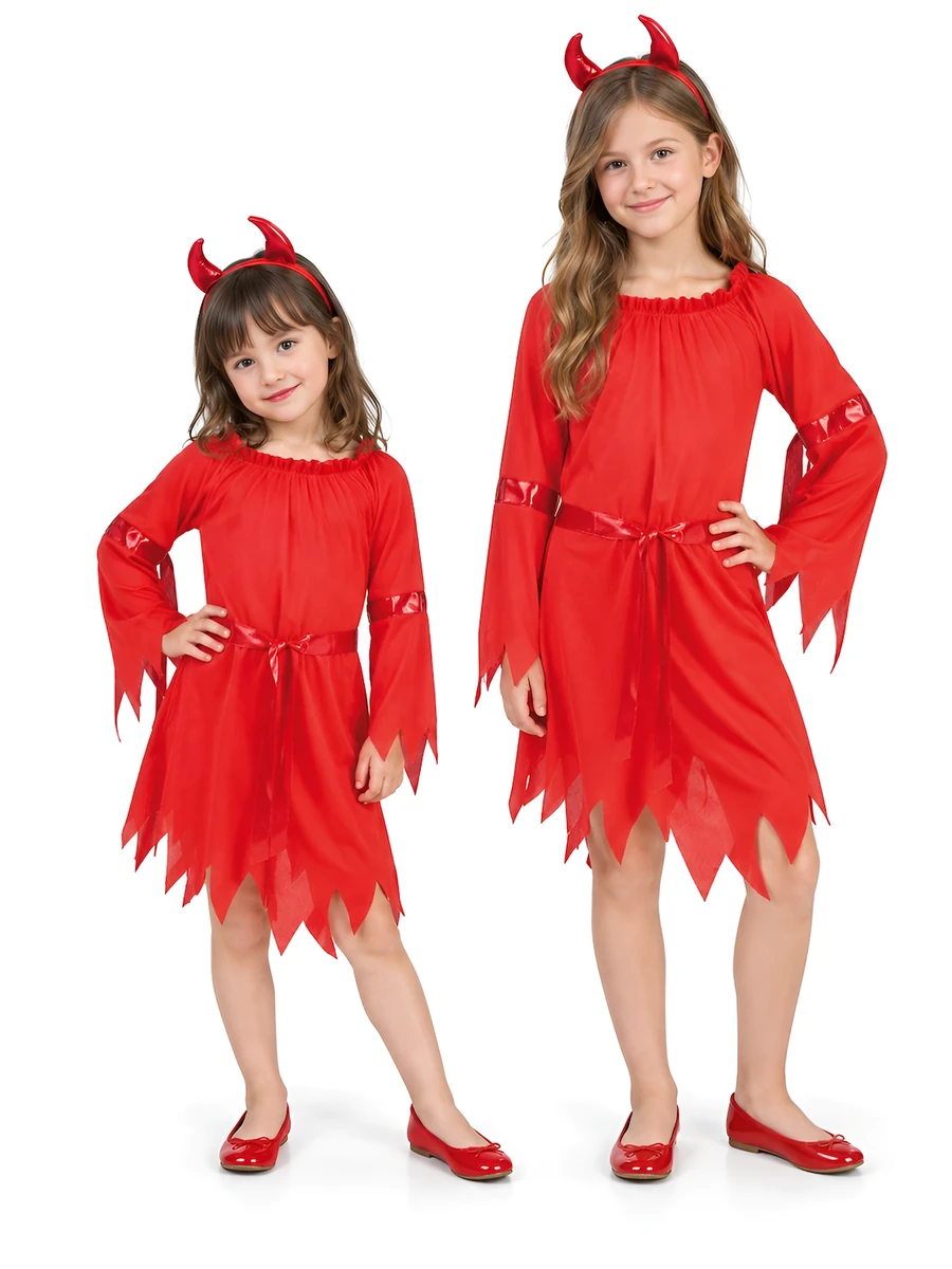 Due bambine indossano il costume da diavoletta Rubie's s8294, con abito rosso, maniche a punte e cerchietto con corna, vista frontale.