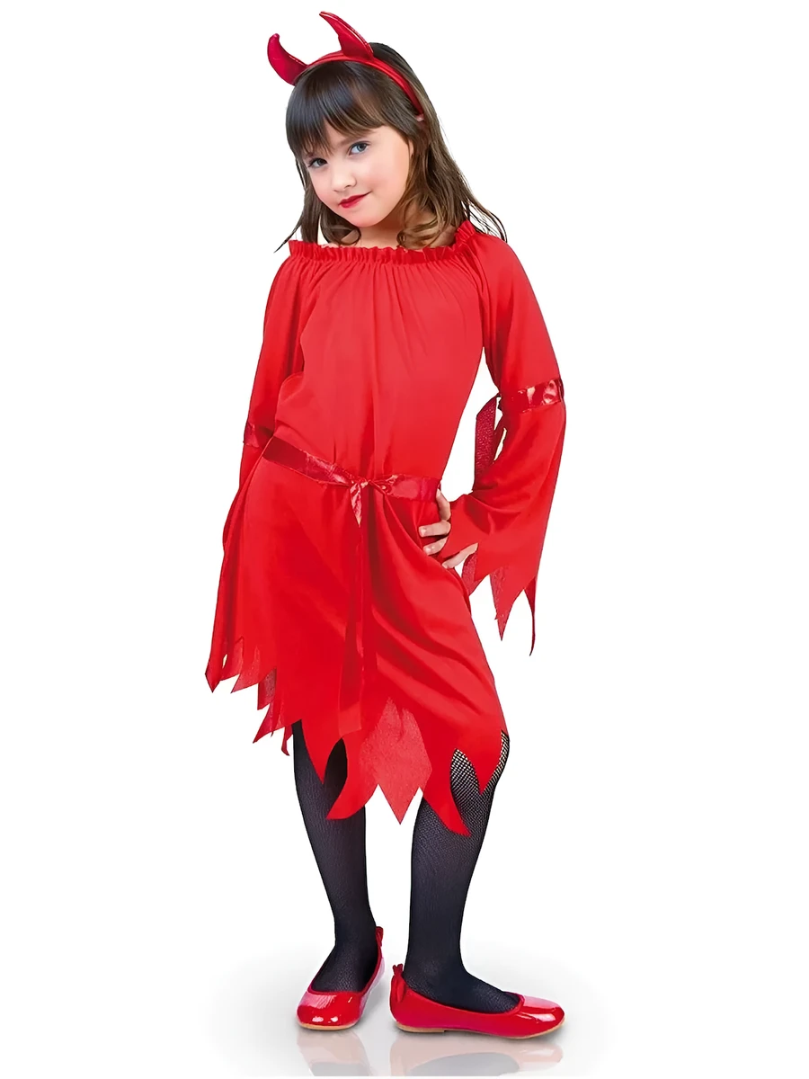 Foto originale del costume da diavoletta Rubie's s8294 indossato da una bambina, con abito rosso, cerchietto con corna e calze nere.