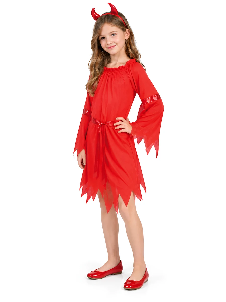 Bambina con costume da diavoletta Rubie's s8294, abito rosso e cerchietto con corna, vista di tre quarti.