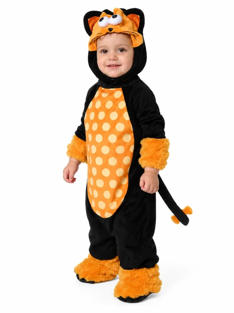 Bimbo con costume Monster Kit-Cat nero e arancione, vista di tre quarti con coda.