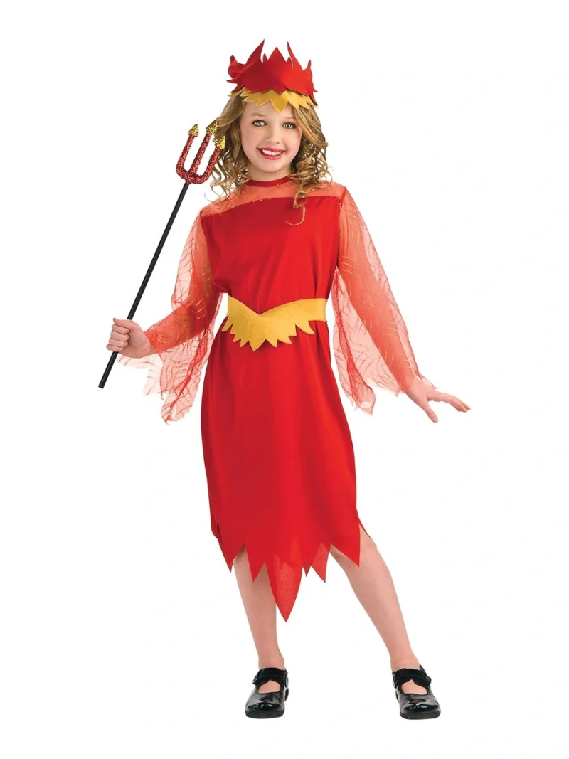 Costume da Regina Diavolessa per bambina con abito rosso lungo, cintura e fascia per capelli