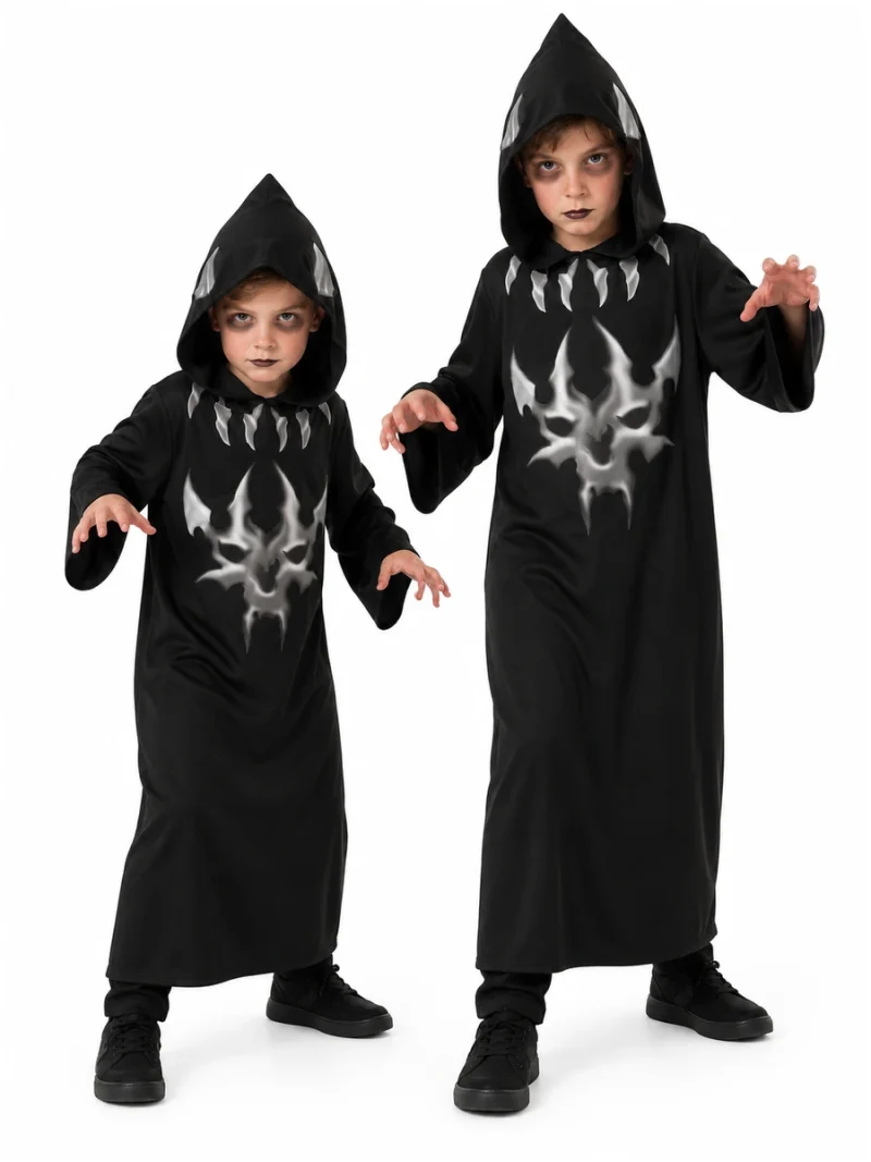 Due bambini indossano il costume Spirito della Notte Rubies 881441, tunica nera con cappuccio a punta e disegno grigio, vista frontale.
